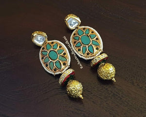 Earrings - Turquoise Mosaic handmade Bead with Kundan