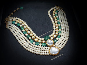 Bride - Kundan with Green Stones and Pearls Choker Necklace Set