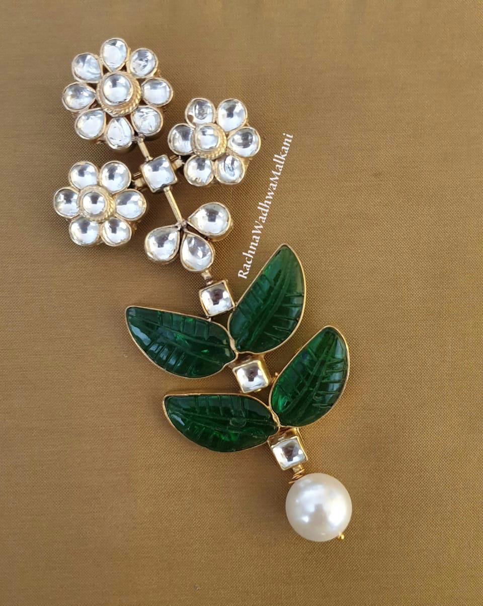 Brooches - Framed Carved Glass with Patchi Kundan and Pearl drop Men Brooch