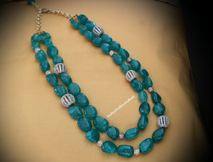 Women Necklace - Green Tumble Stones with American Diamond Beads