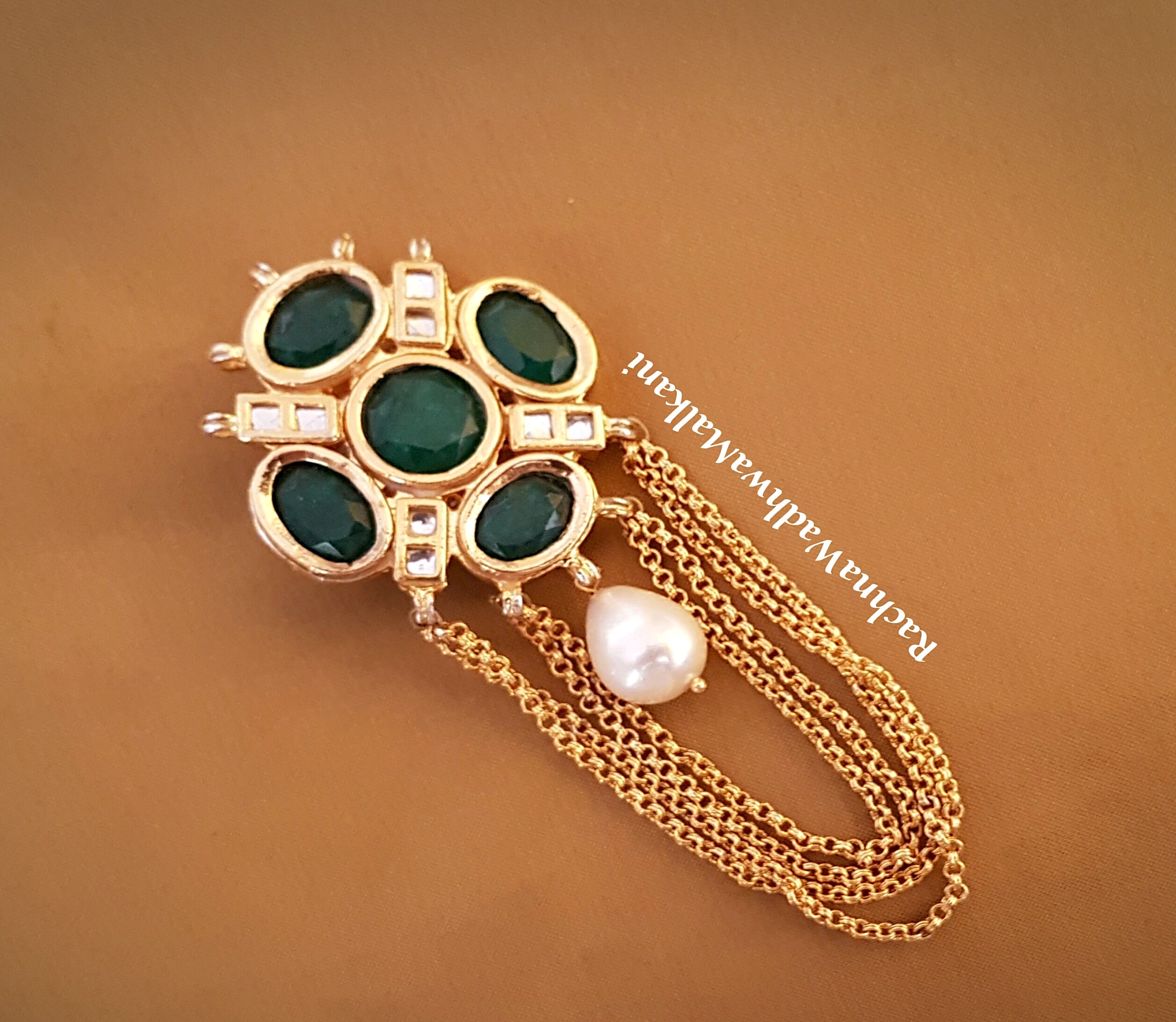 Brooches - Framed Green Stones and Kundan with  pearl drop and chains