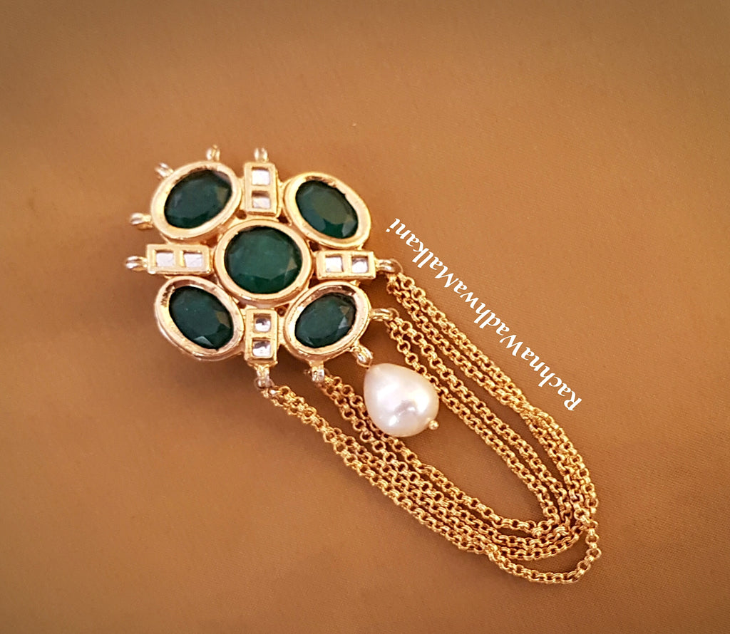 Brooches - Framed Green Stones and Kundan with  pearl drop and chains