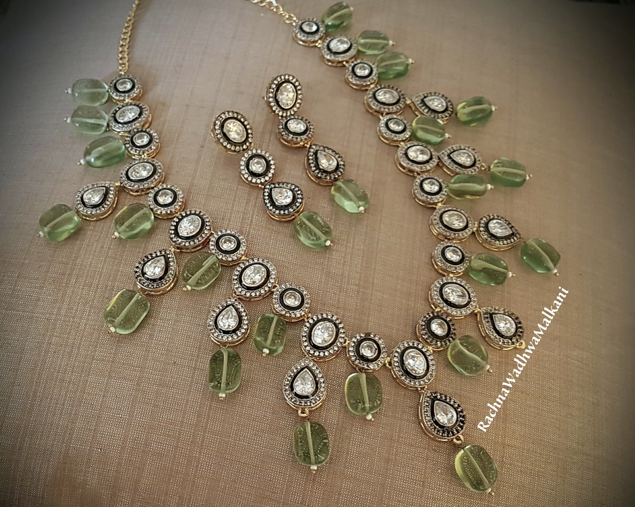 Women Necklace - Kundan with American Diamonds and Green Drops