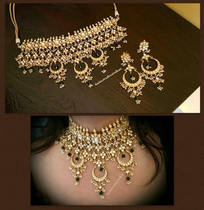 Bride - Kundan Necklace Set with Pearls, Chandballi Pendants and Green Drops