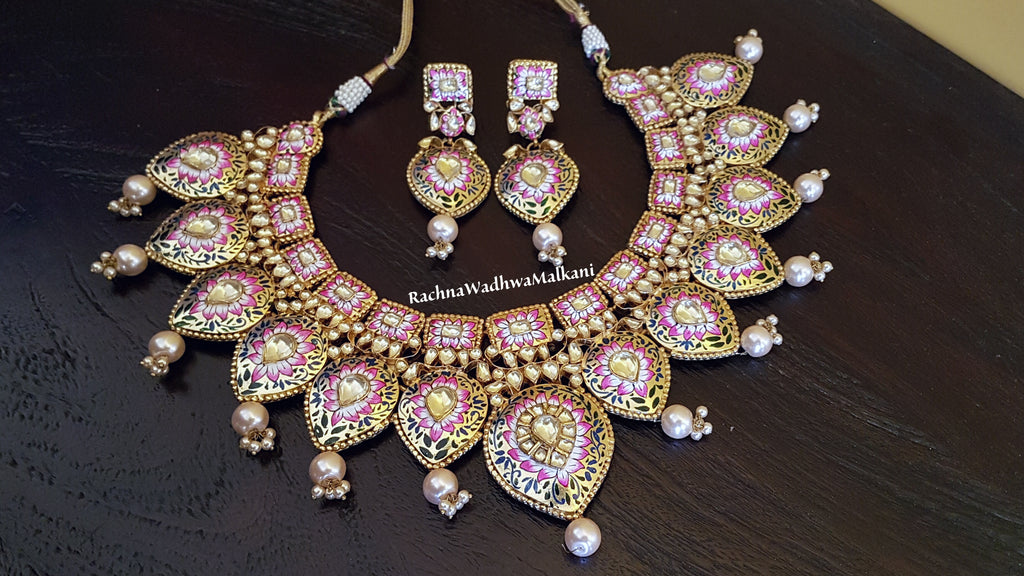 Bride - Enamel Hand Painted Necklace with Kundan and Pearl Drops