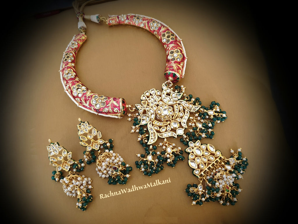 Bride - Hand Painted Enamel Necklace with Kundan Pendant