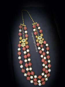 Women Necklace - 3 Lines of Pearl & Cherry Quartz with Kundan Pendants