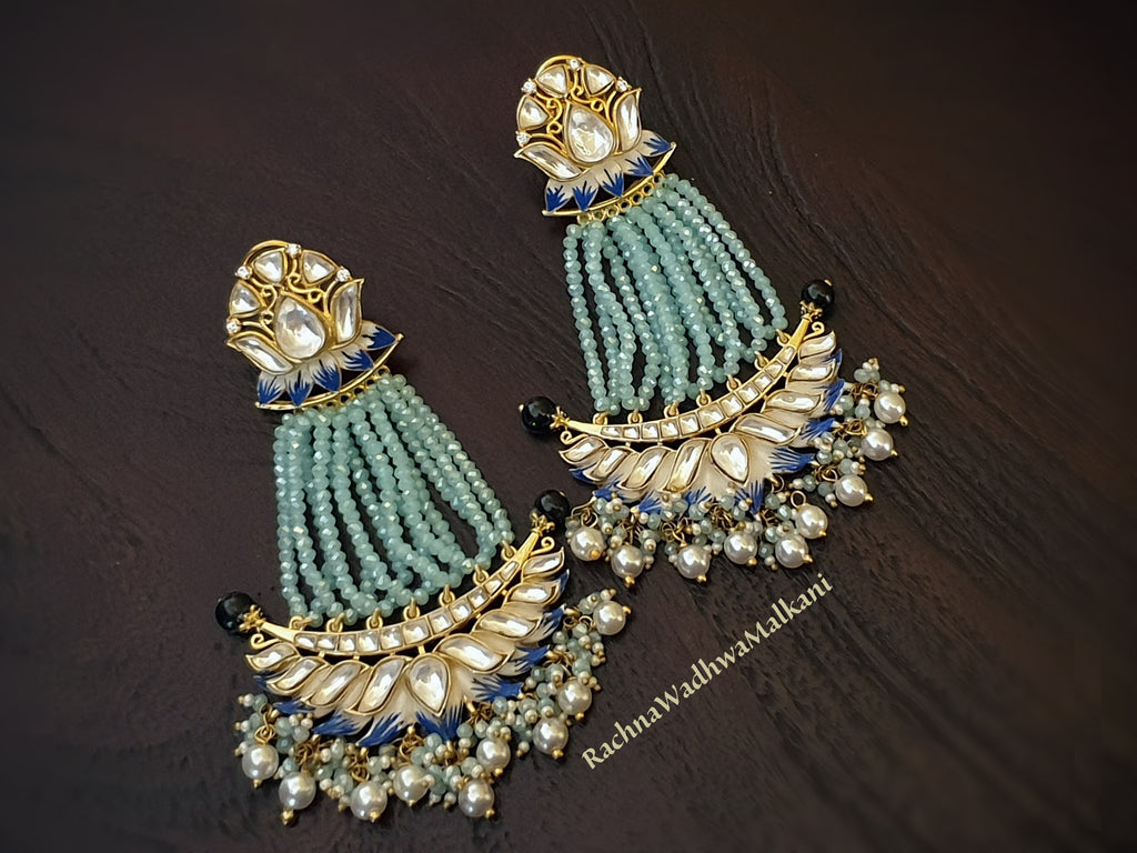 Earrings - Kundan Crescent Chandbali with Blue Beads