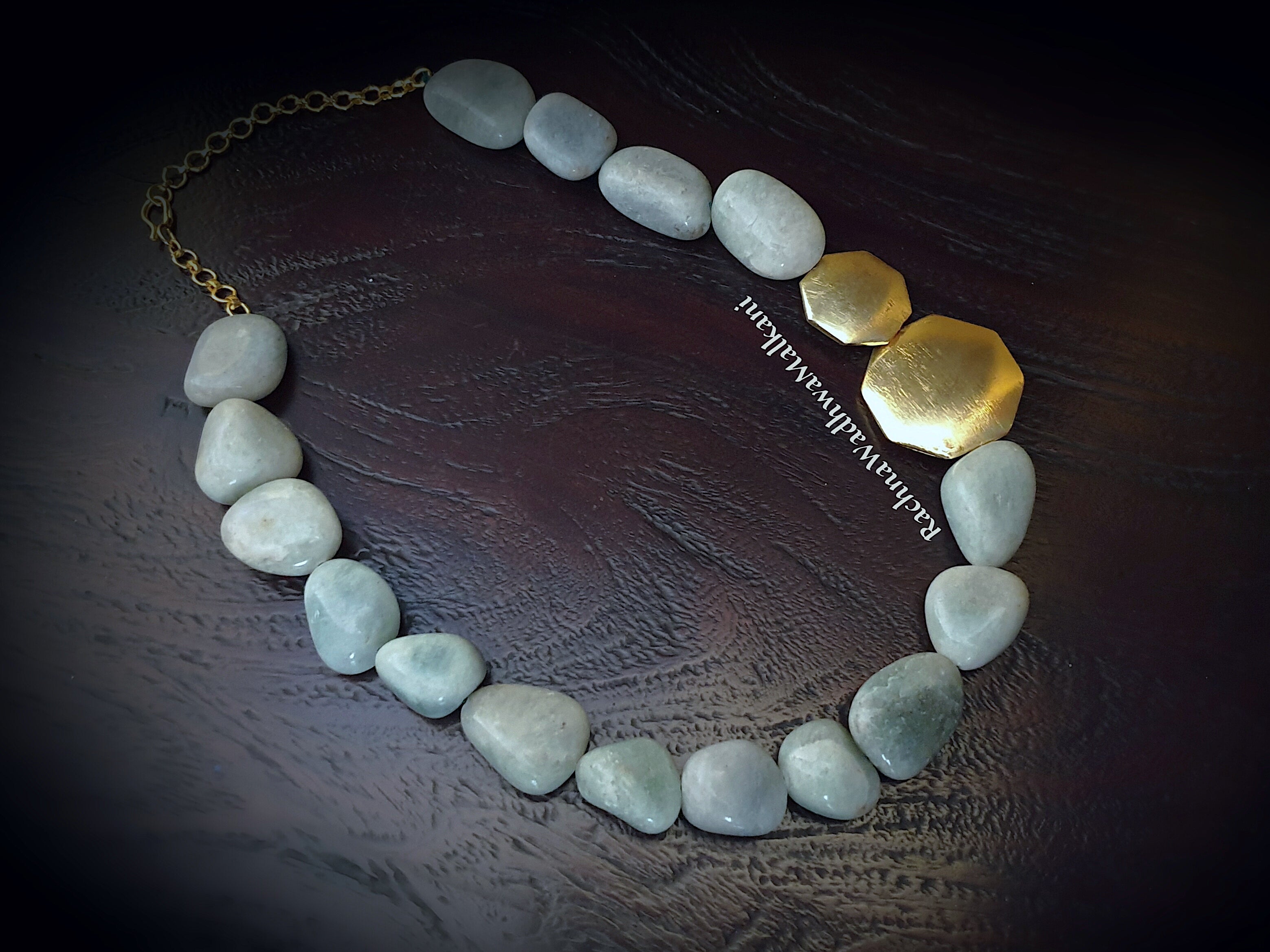 Women Necklace - Large Agate Stone Necklace with Brass Gold finish Flat Beads