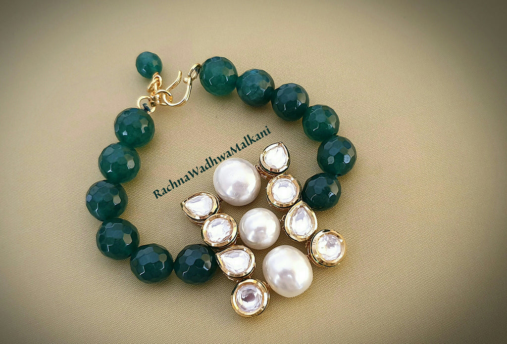 Bracelet - Green Onyx with Kundan and Pearl