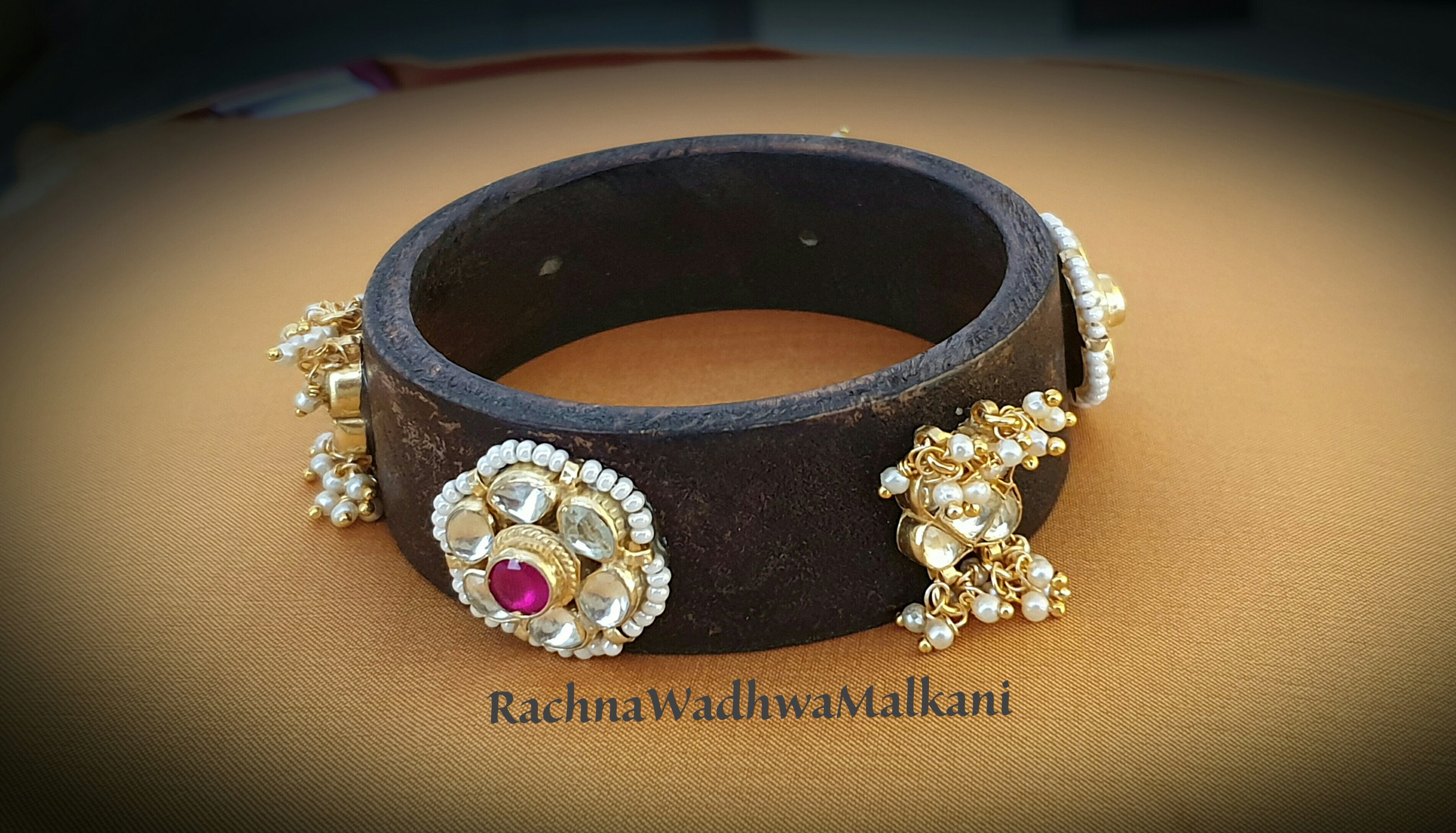 Women Bangle - Wooden Bangle with Patchi Kundan Elements