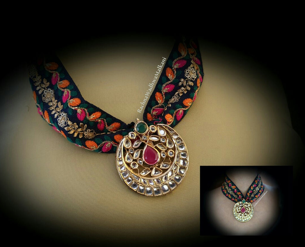 Women Necklace - Embroidered Fabric Choker with Kundan Pendant