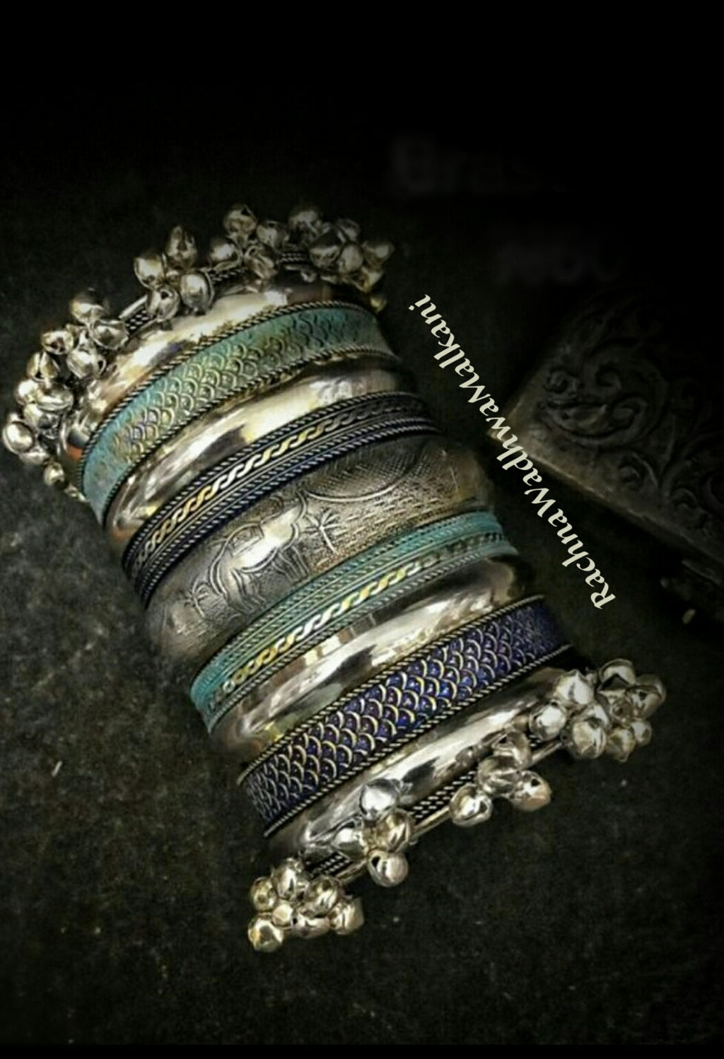 Cuff - Oxidized Silver with Enamel Broad Cuff Set