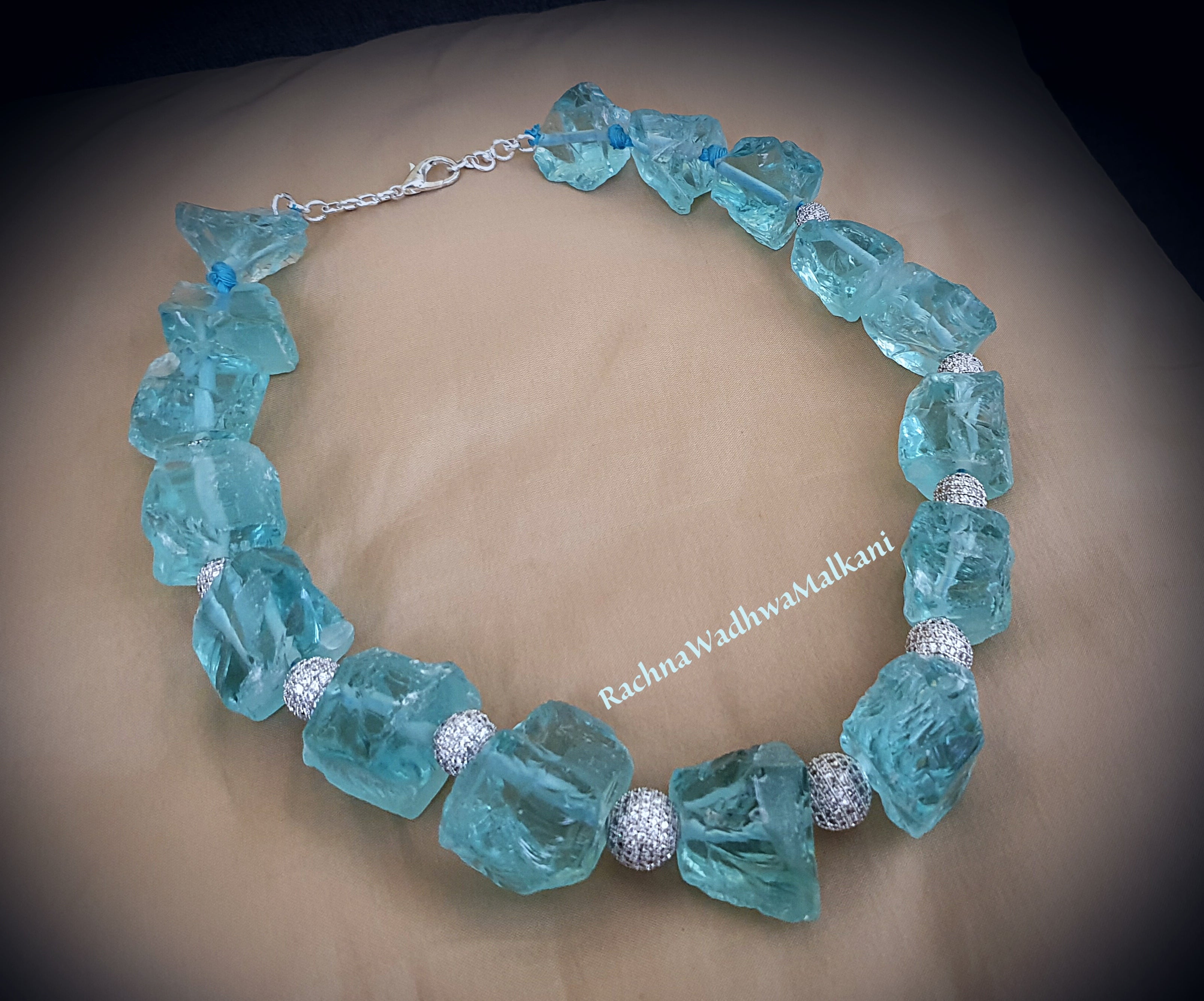 Women Necklace - Chunky Aquamarine Rock with Diamond Ball Beads.