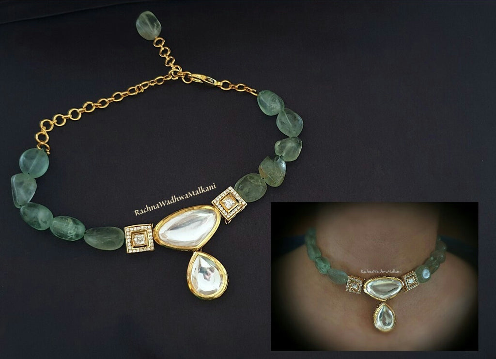 Women Necklace - Polki Pendant with Fluorite Tumbled Stones