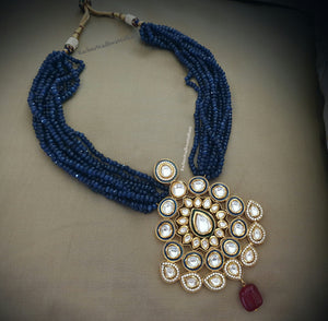 Women Necklace - Polki with Diamond Framed Pendant on Faceted Blue Beads