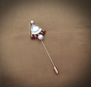 Lapel Pin Unisex - Patchi Kundan with Pearl Drop and Red Bead Drops