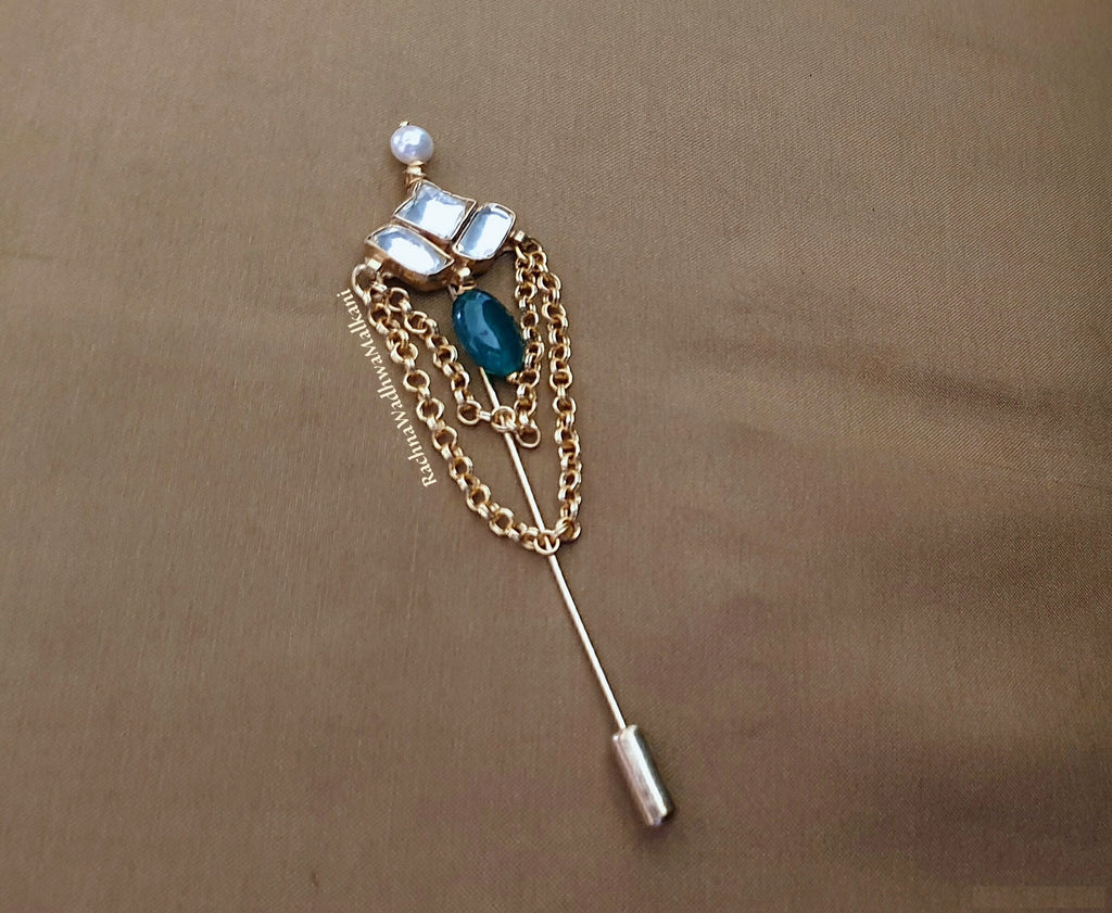 Lapel Pin - Unisex Patchi Kundan with Pearl, Green Stone Drop and Chains