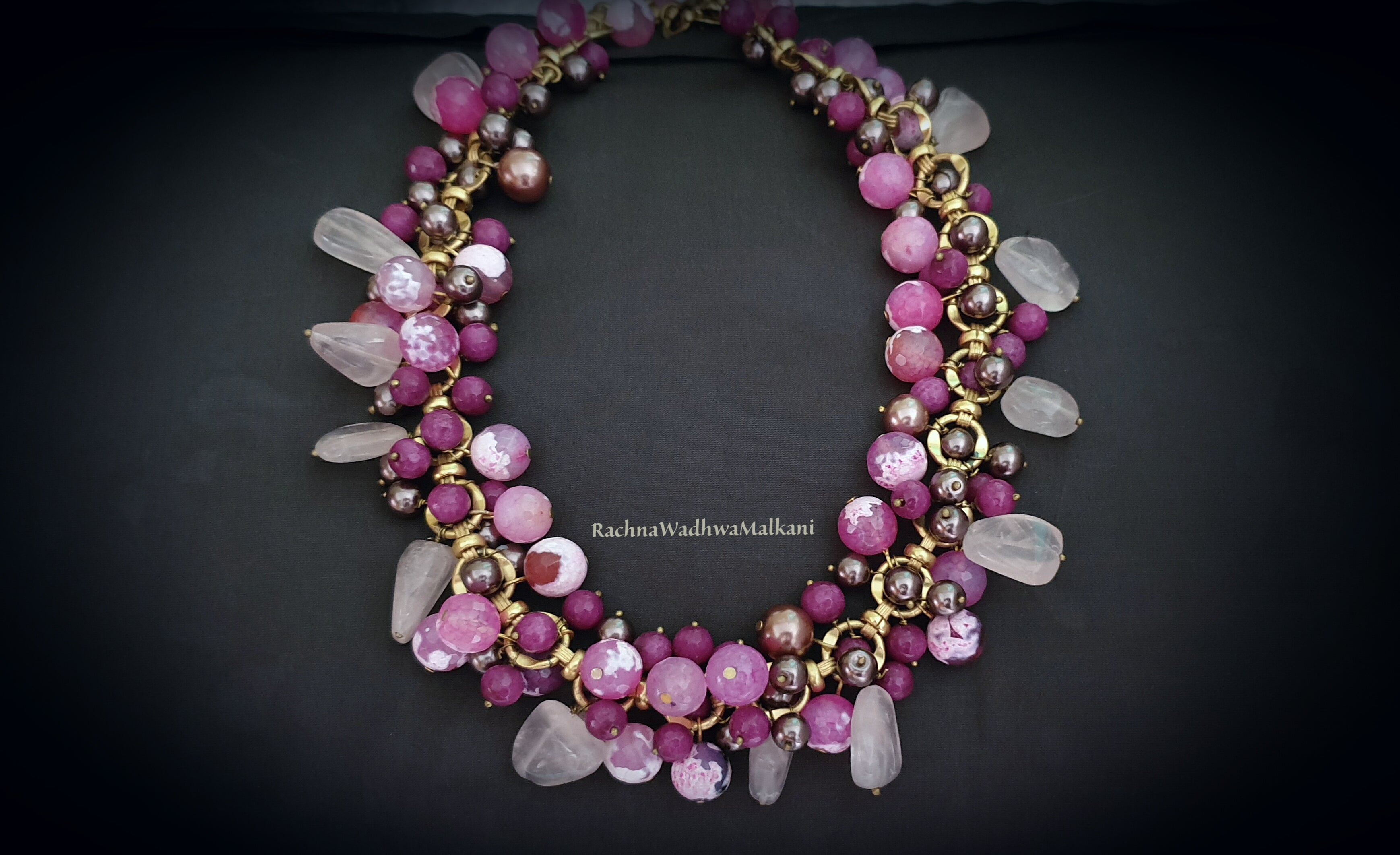 Women Necklace - Chunky Beaded with Agates, Pearls, Rose Quartz Beads on Brass Chain