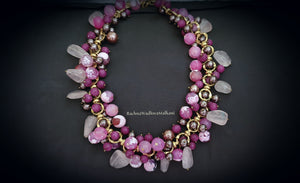 Women Necklace - Chunky Beaded with Agates, Pearls, Rose Quartz Beads on Brass Chain