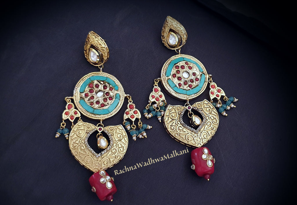 Earrings - Handmade Turquoise Mosaic Antique Finish Chandbali