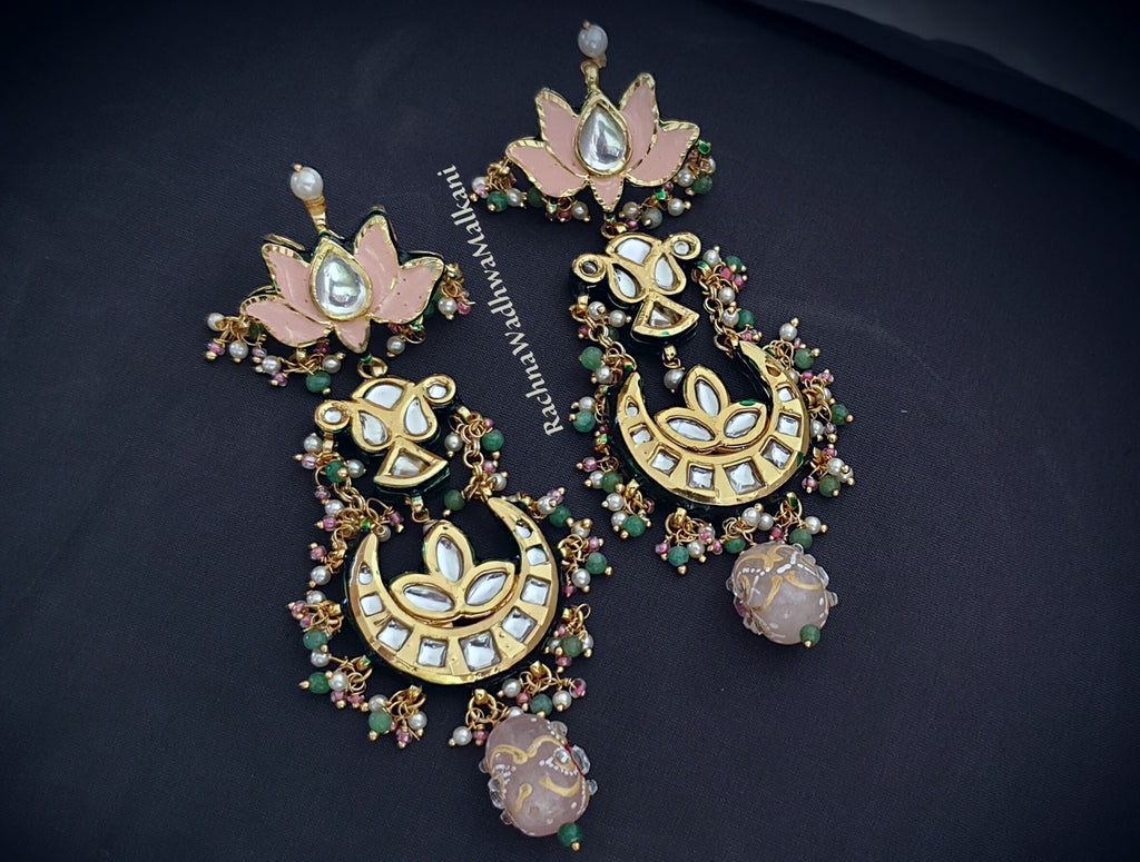 Earrings - Enamel Lotus with Kundan Chandbali