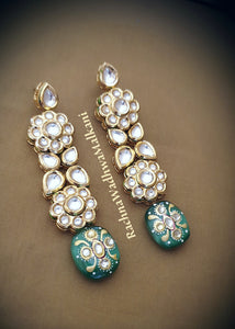 Earrings - Long Polki Kundan with Green Hand Painted Drops