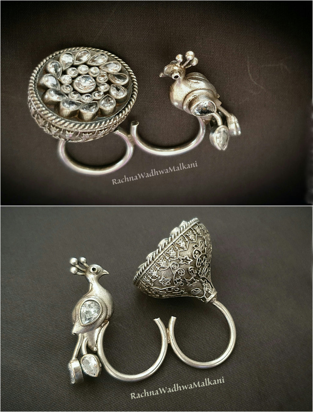 Rings - Double Finger Oxidized Silver Finish Ring with Peacock and White Diamond