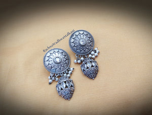 Women Earrings - Oxidized Silver Finish Earrings with Stones and Pearls