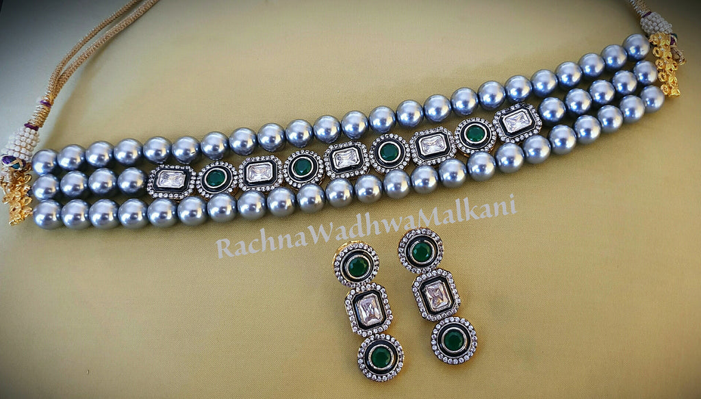 Women Necklace - Pearl with Diamonds Choker Neckalce set