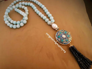 Women Necklace - Turquoise Stones & Enamel Pendant with Tassel on Light Blue Agate Stones