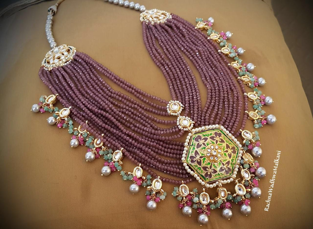 Women Necklace - Multicolored Crystals with Pearls, Enamel and Kundan Elements