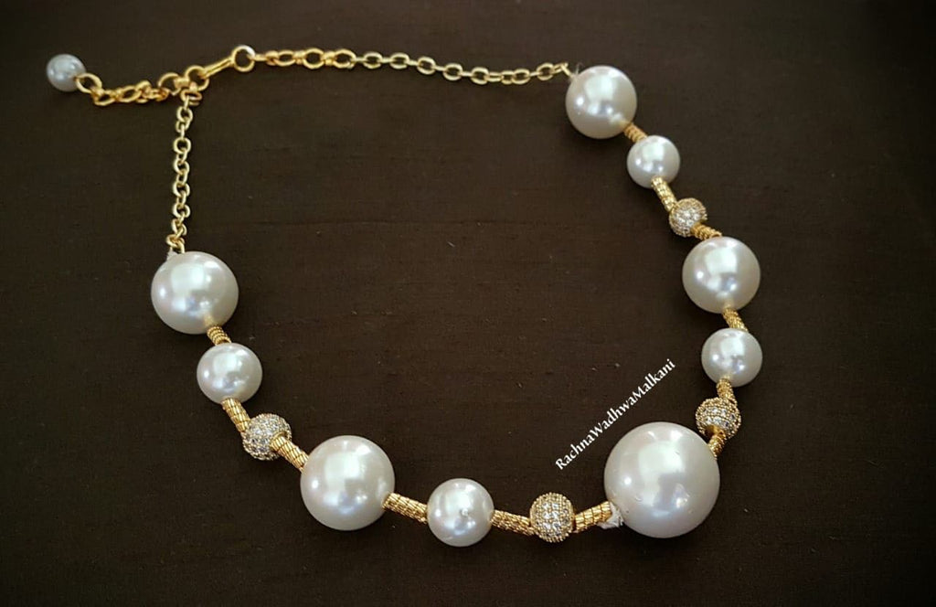 Women Necklace - Pearl and American Diamond Choker