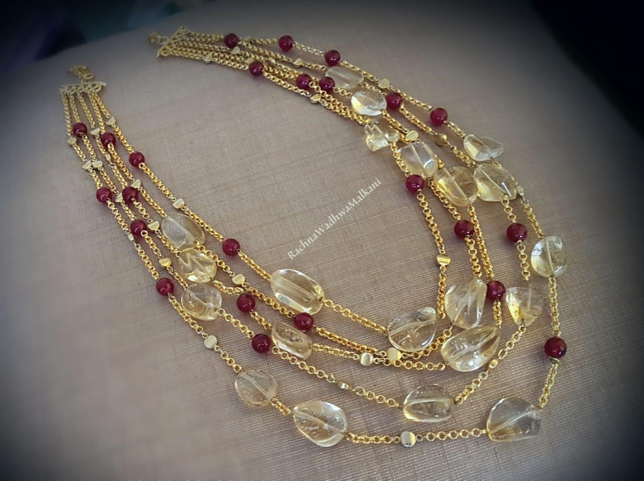 Women Necklace - Citrine Stones and Pink Onyx on Brass 5 line Chain