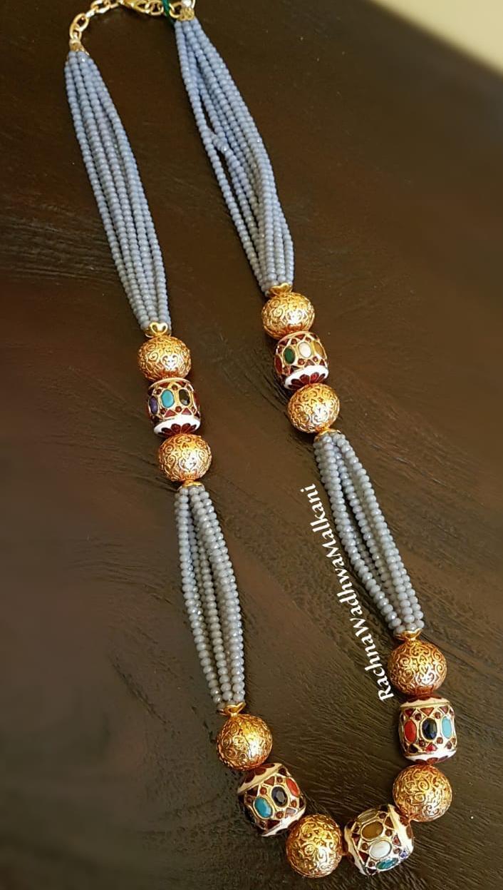 Women Necklace - Grey Crystals with Carved Antique Gold Beads and Navratan Bead