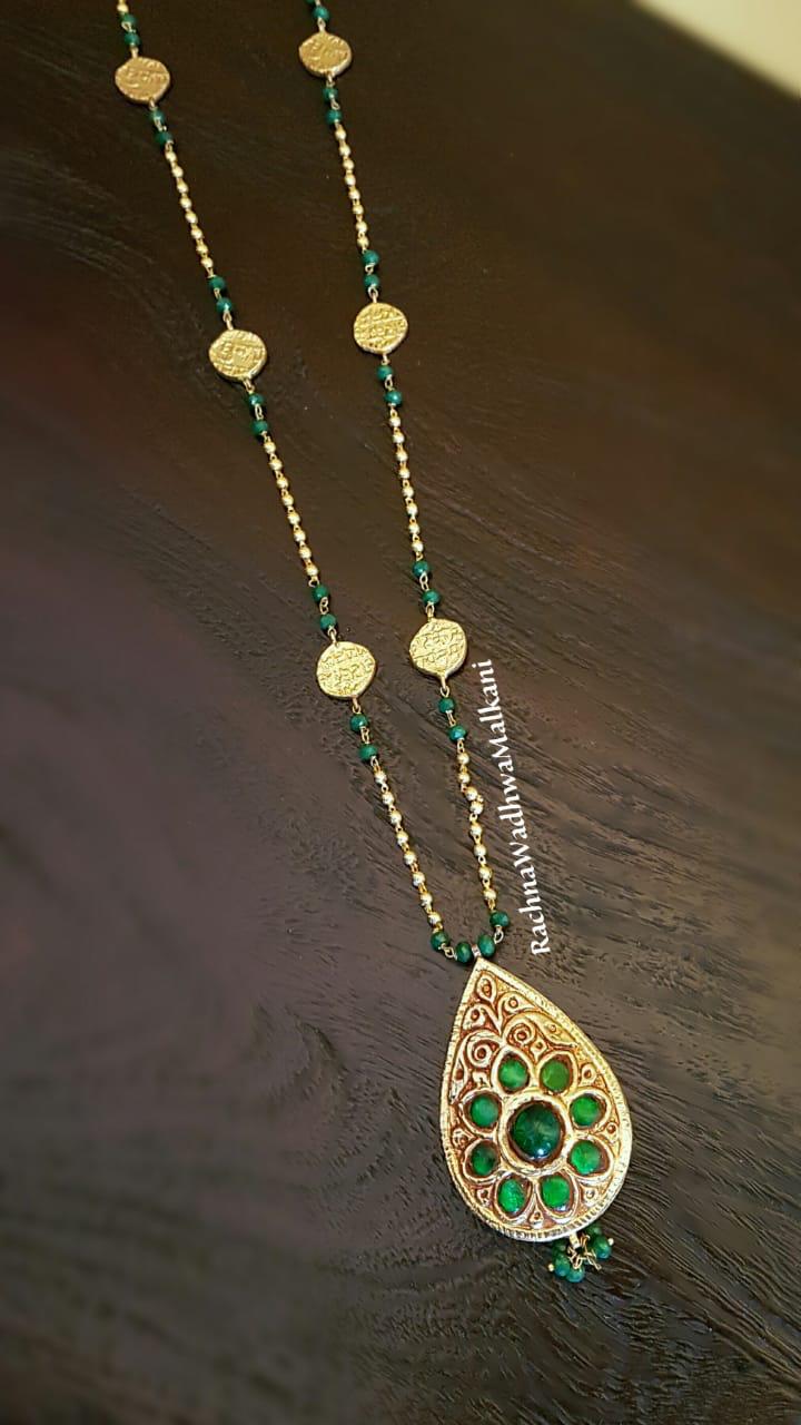 Women Necklace - Antique Mughal Finish Pendant with Green Stone Necklace