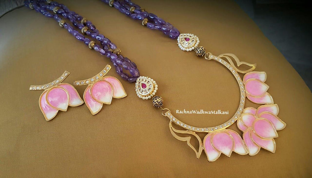 Women Necklace - Enamel Lotus Pendant with Kundan Pendants  Amethyst Necklace