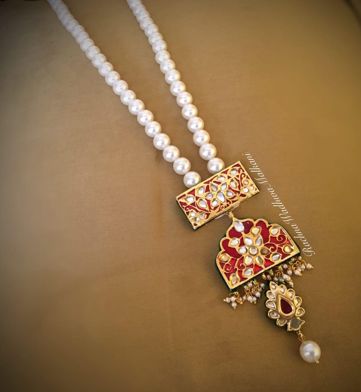 Women Necklace - Pearls with Enamel and Kundan Pendant