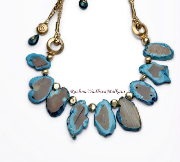 Women Necklace - Blue Uncut Agate Stones On Brass Chain